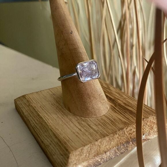 Cushion Cut Clear CZ Bezel Ring Rhodium - Picture 2 of 10